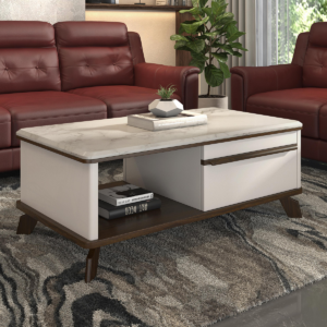 Amy Marble Top Coffee Table with Storage – Walnut & White