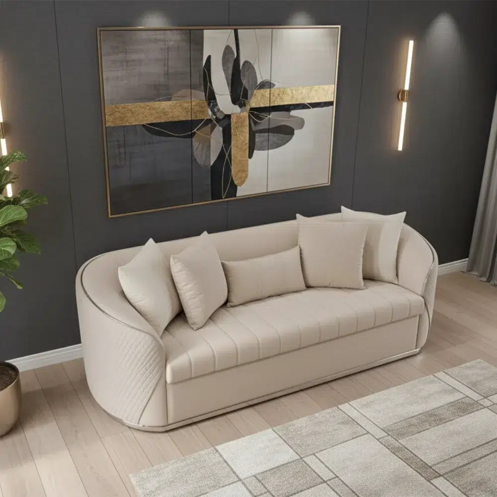 Channel Curved Arm Sofa Set – Luxury Beige Velvet