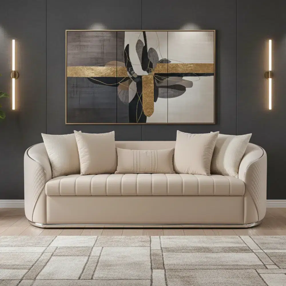 Channel Curved Arm Sofa Set – Luxury Beige Velvet