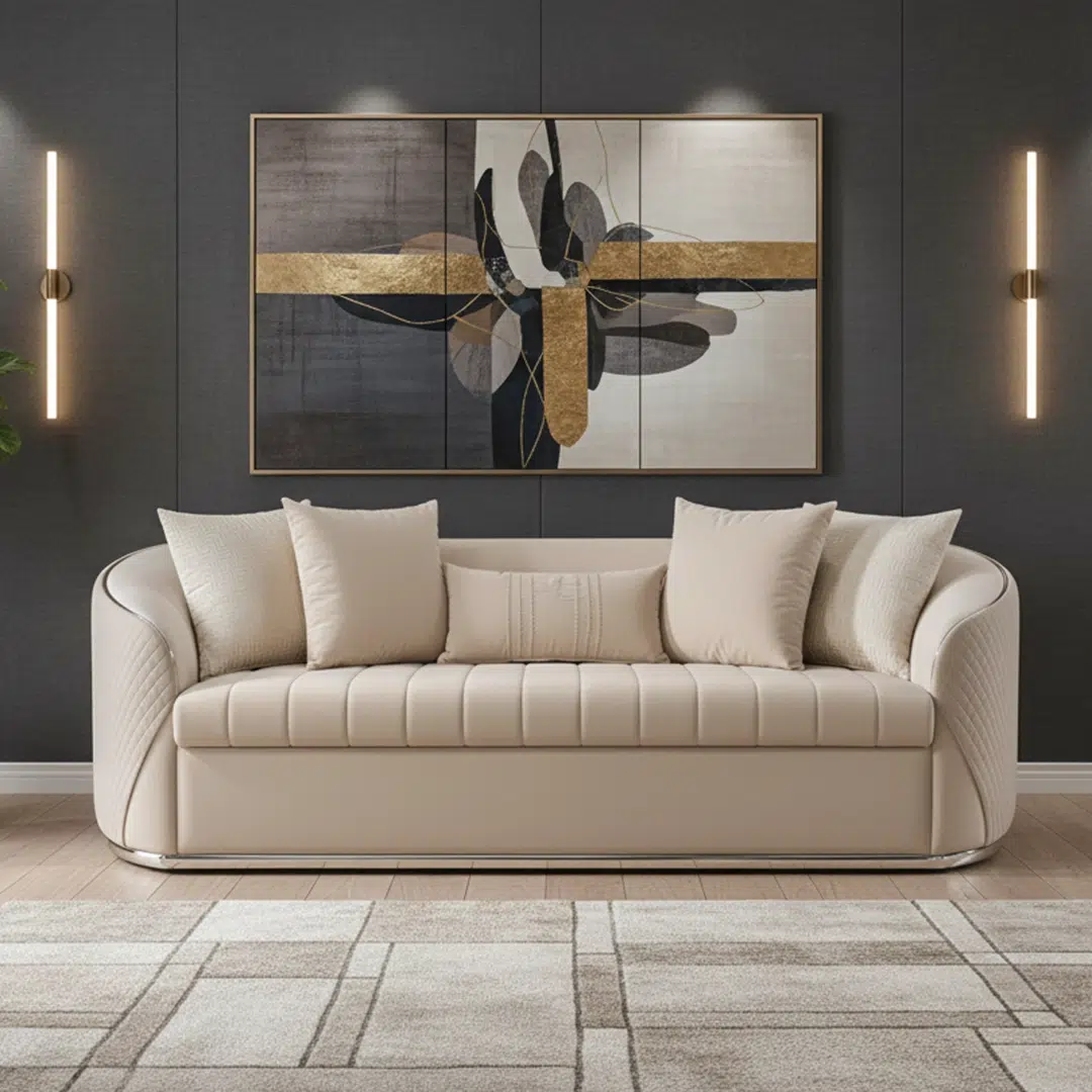 Channel Curved Luxury Beige Velvet Front Channel Curved Arm Sofa Set – Luxury Beige Velvet