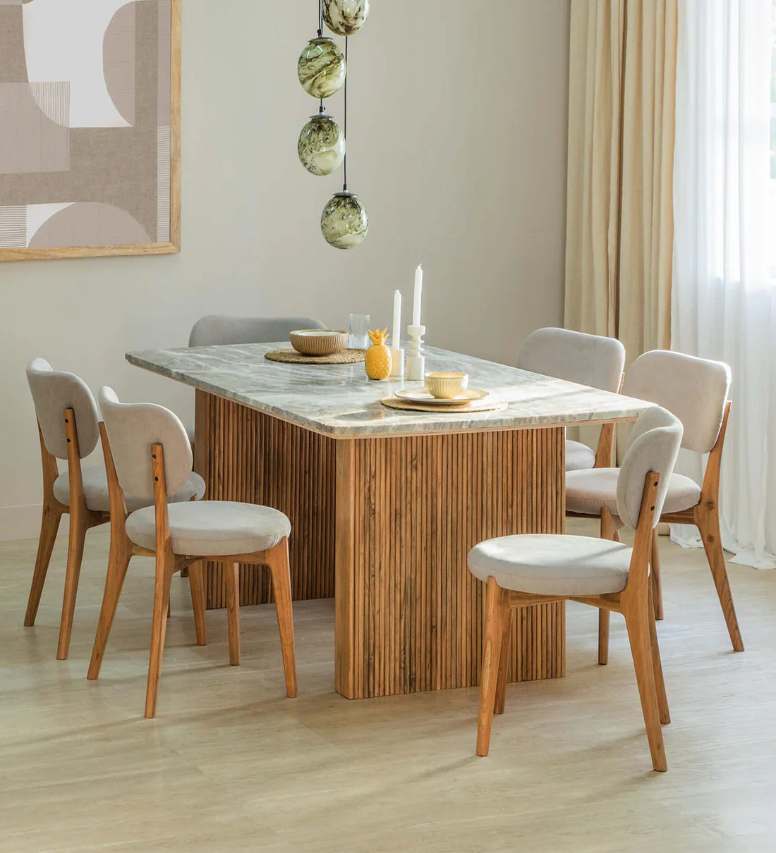 Marble Top 6-Seater Solid Wood Dining Set