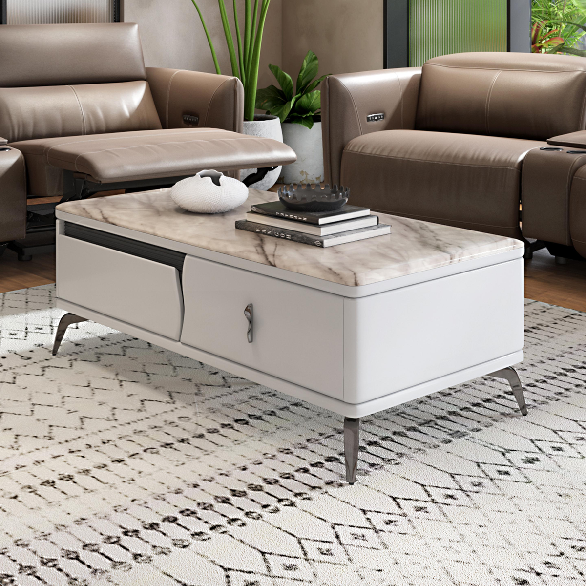 Thompson Grey Marble Coffee Table – Brass Frame Elegance