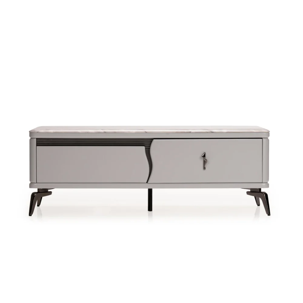 Thompson Grey Marble Coffee Table – Brass Frame Elegance