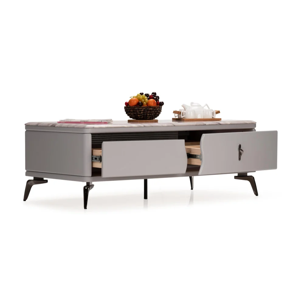 Thompson Grey Marble Coffee Table – Brass Frame Elegance