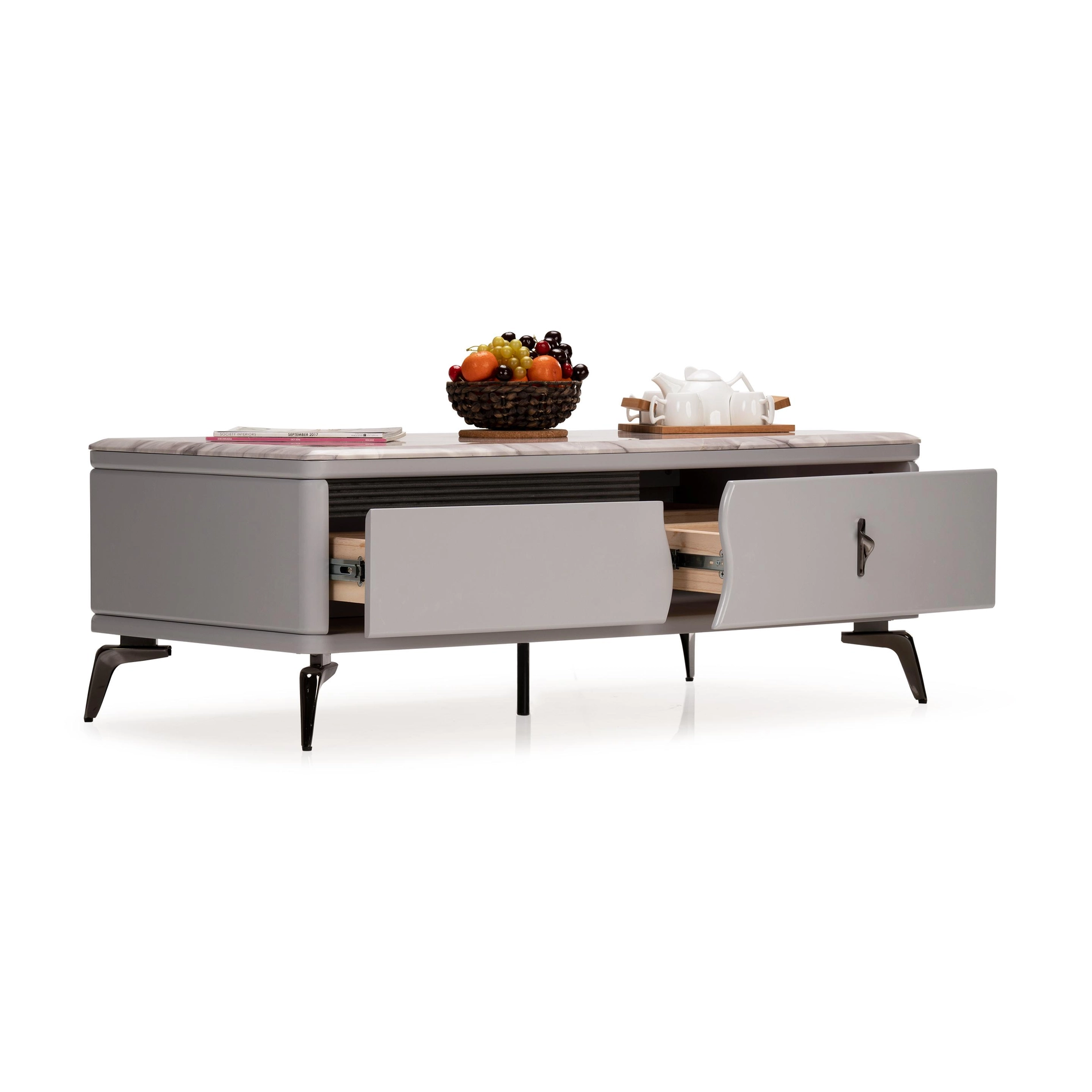 Thompson Grey Marble Coffee Table – Brass Frame Elegance