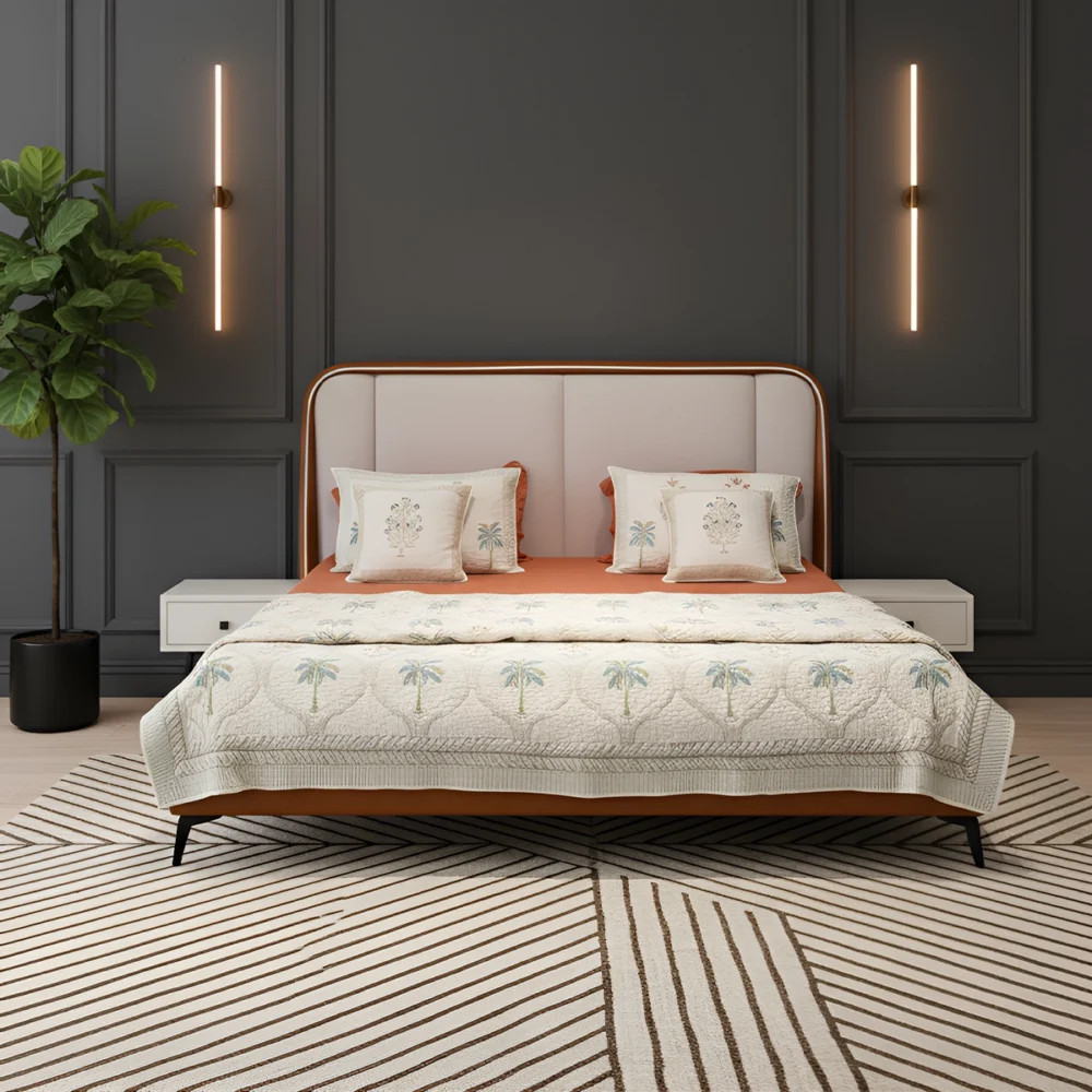 Aarvi Upholstered Bed – King & Queen Size Wooden Bed with Cushioned Headboard Aarvi Upholstered Bed – King & Queen Size Wooden Bed with Cushioned Headboard