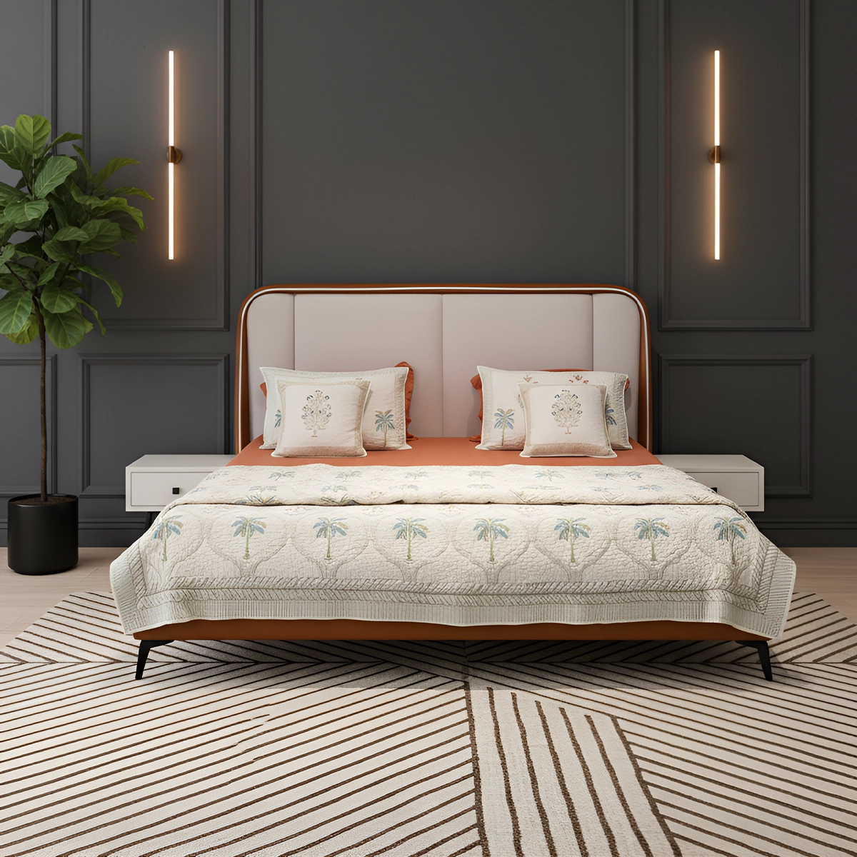 Aarvi Upholstered Bed – King & Queen Size Wooden Bed with Cushioned Headboard Aarvi Upholstered Bed – King & Queen Size Wooden Bed with Cushioned Headboard