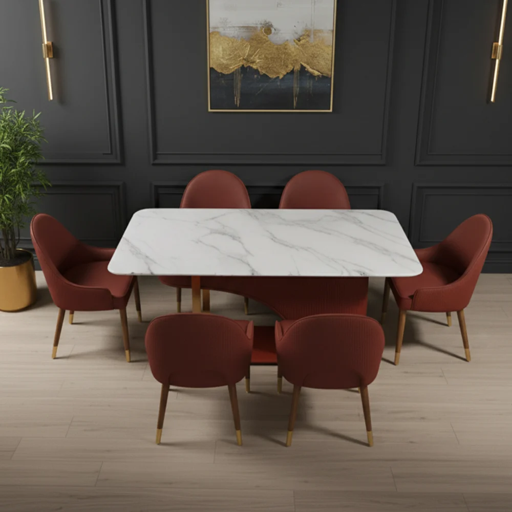 Flute Marble Top Dining Set – 4 & 6 Seater Wooden Dining Table with Premium Finish 1 Flute Marble Top Dining Set – 4 & 6 Seater Wooden Dining Table with Premium Finish