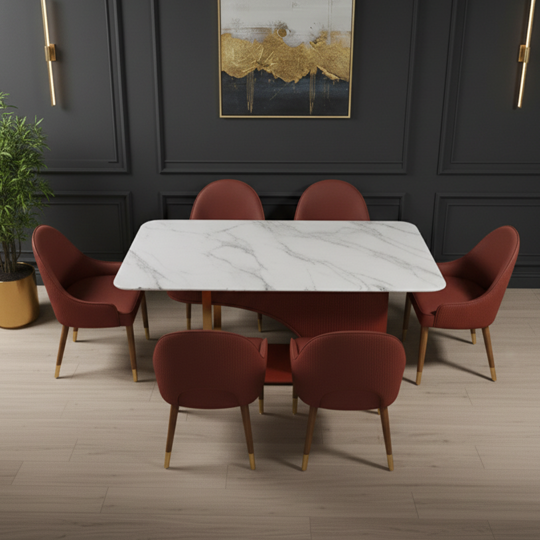 Flute Marble Top Dining Set – 4 & 6 Seater Wooden Dining Table with Premium Finish 1 Flute Marble Top Dining Set – 4 & 6 Seater Wooden Dining Table with Premium Finish