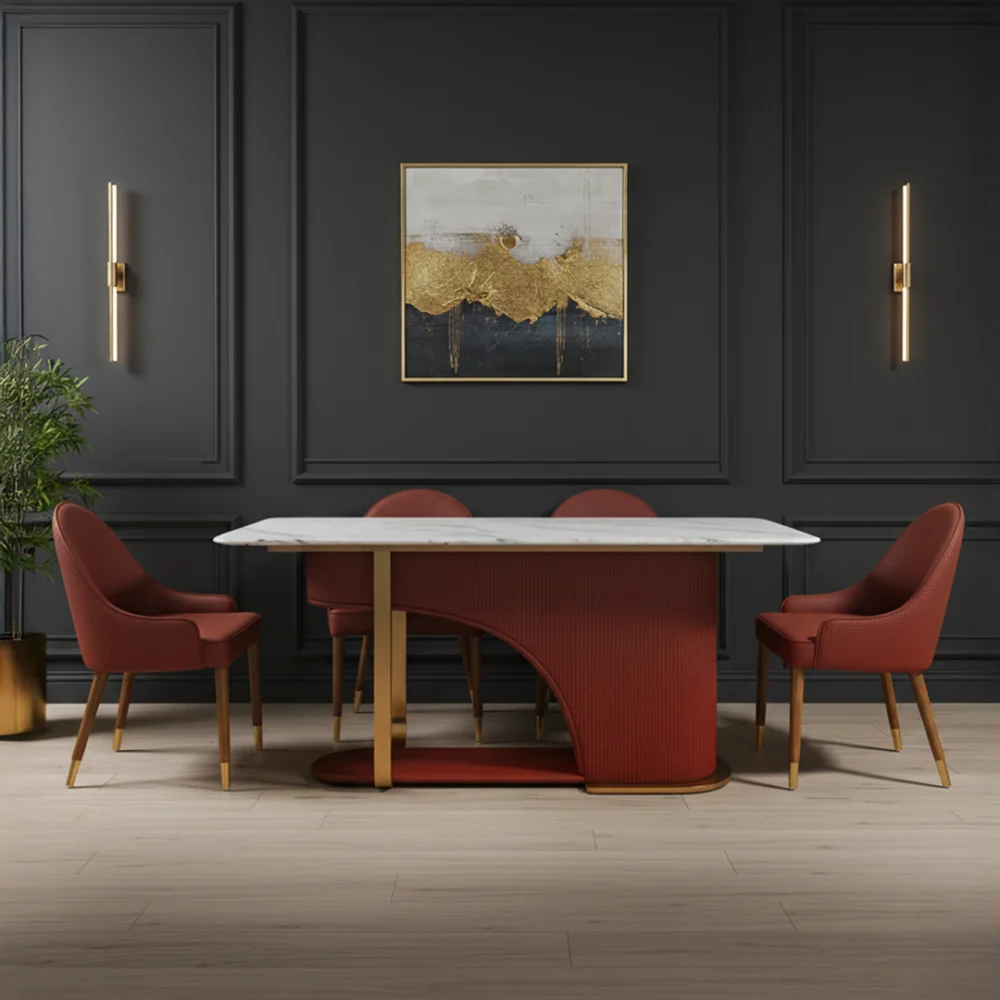 Flute Marble Top Dining Set – 4 & 6 Seater Wooden Dining Table with Premium Finish Flute Marble Top Dining Set – 4 & 6 Seater Wooden Dining Table with Premium Finish