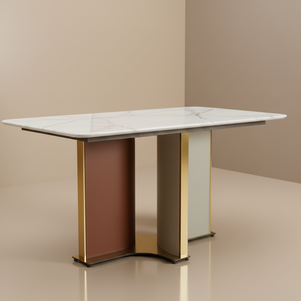 luxury-marble-dining-set Artisan Marble Top Dining Set – Modern 6 Seater Dining Table with Metal Base | Sankalp Interino
