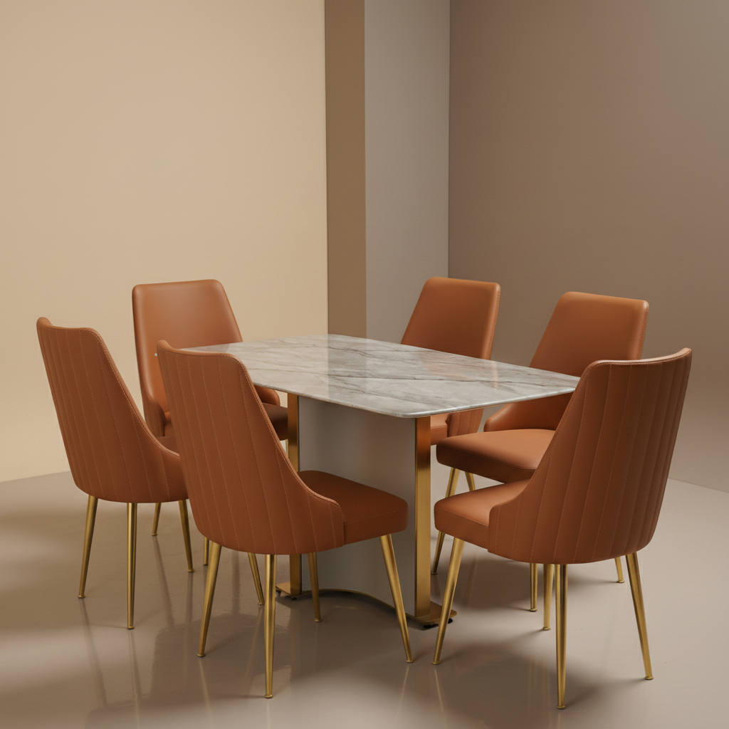 modern-dining-table-with-metal-base Artisan Marble Top Dining Set – Modern 6 Seater Dining Table with Metal Base | Sankalp Interino