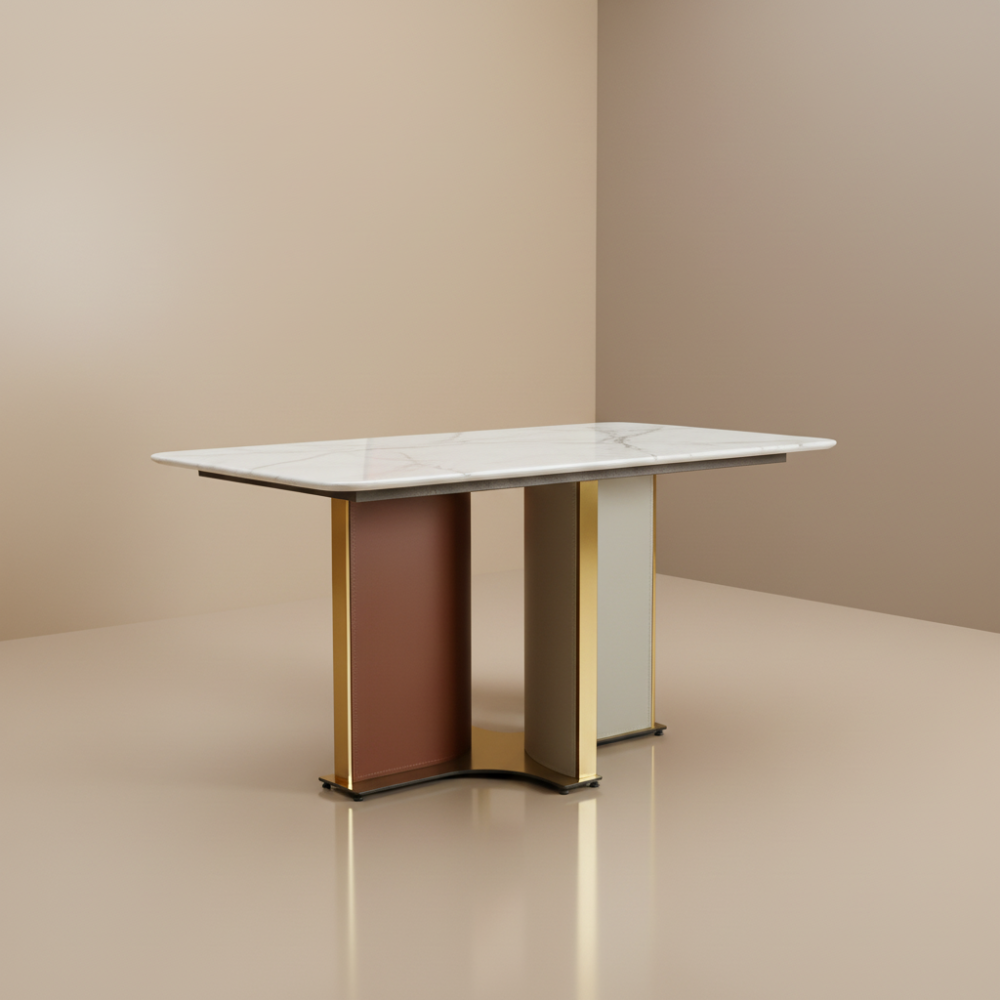 sal-wood-dining-table Artisan Marble Top Dining Set – Modern 6 Seater Dining Table with Metal Base | Sankalp Interino